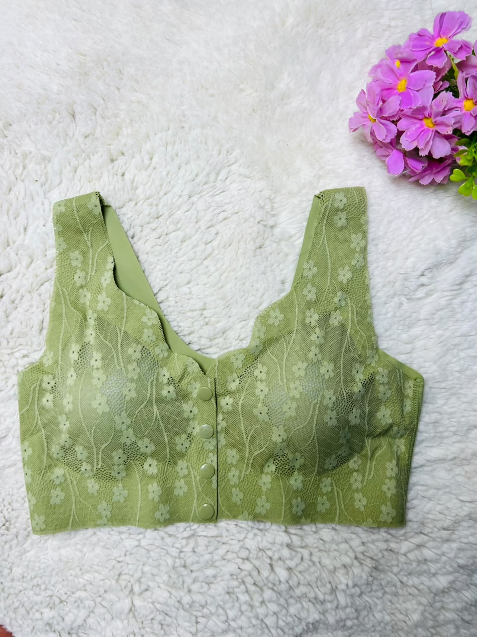Front Button Floral Lace Comfort Bralette – Seamless Wireless Padded Bra