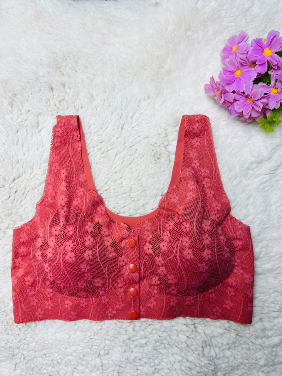 Front Button Floral Lace Comfort Bralette – Seamless Wireless Padded Bra
