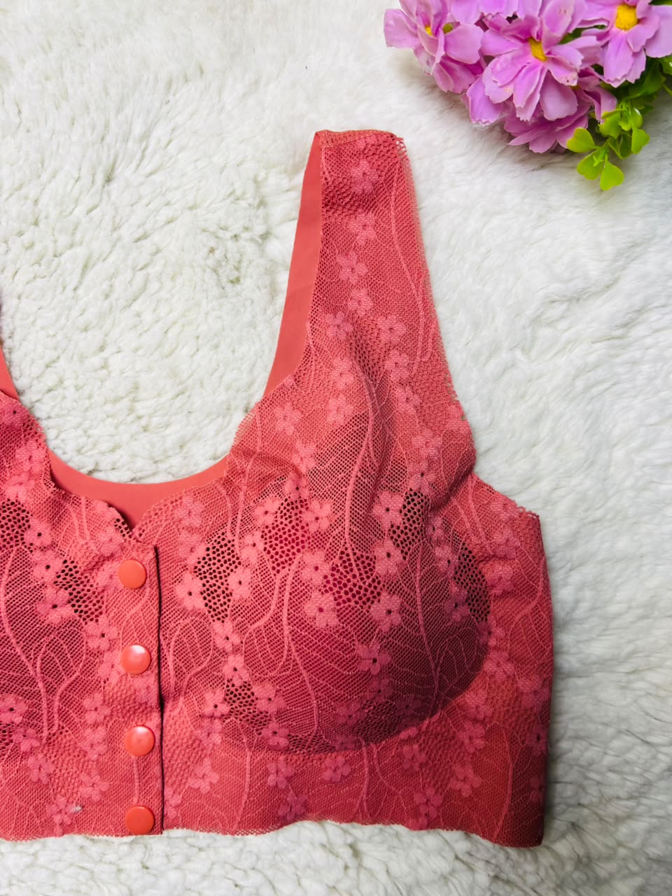 Front Button Floral Lace Comfort Bralette – Seamless Wireless Padded Bra