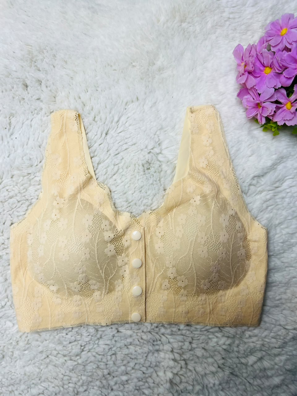 Front Button Floral Lace Comfort Bralette – Seamless Wireless Padded Bra