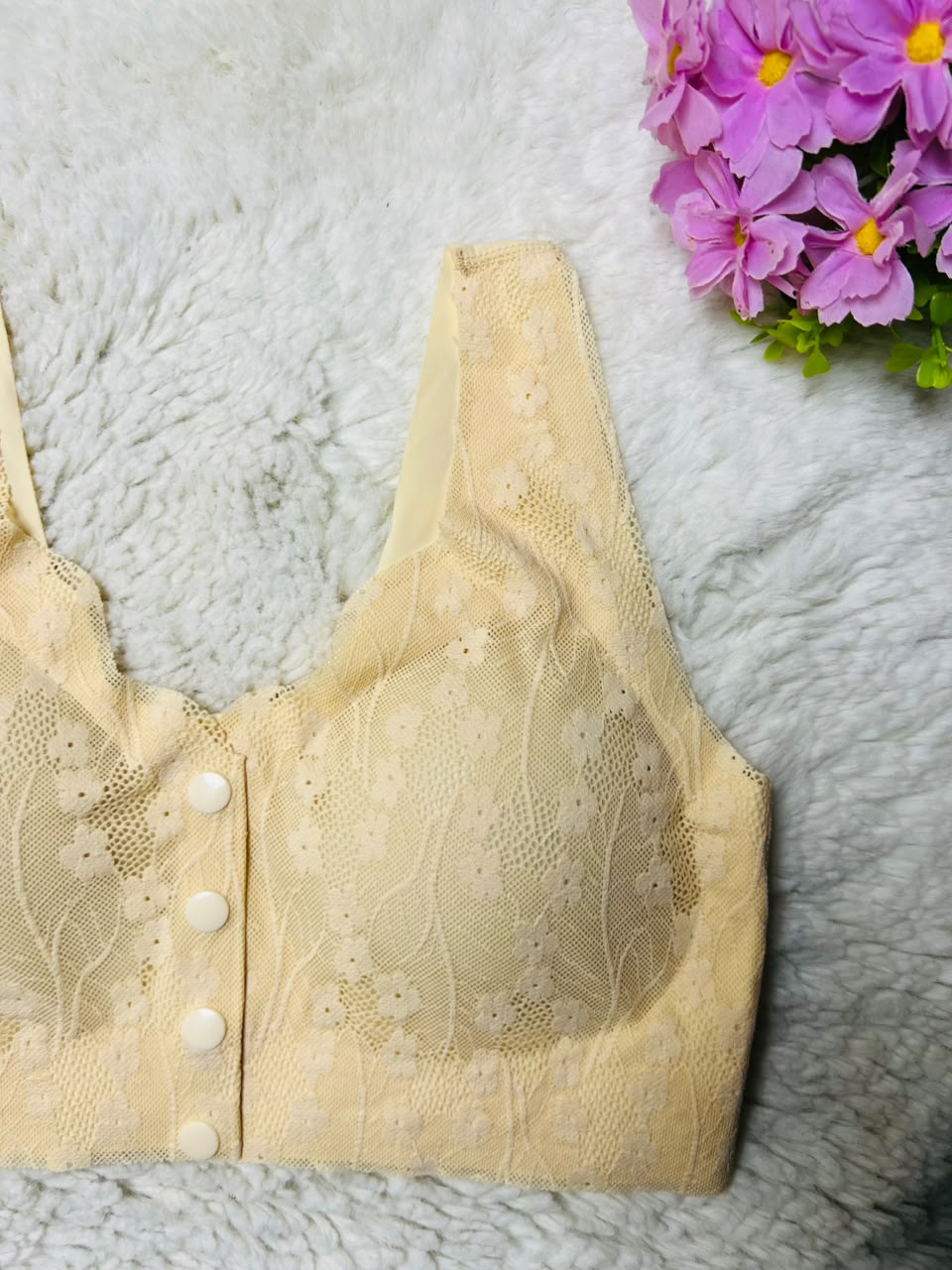 Front Button Floral Lace Comfort Bralette – Seamless Wireless Padded Bra